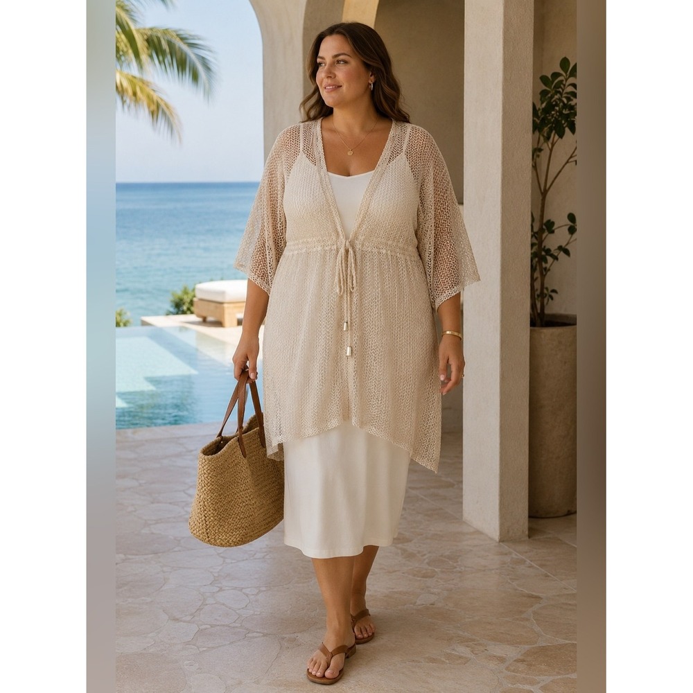 Sheer Mesh Tunic Swim Cover-Up 2X Kimono Sleeve Neutral Vacation Beach Resort
